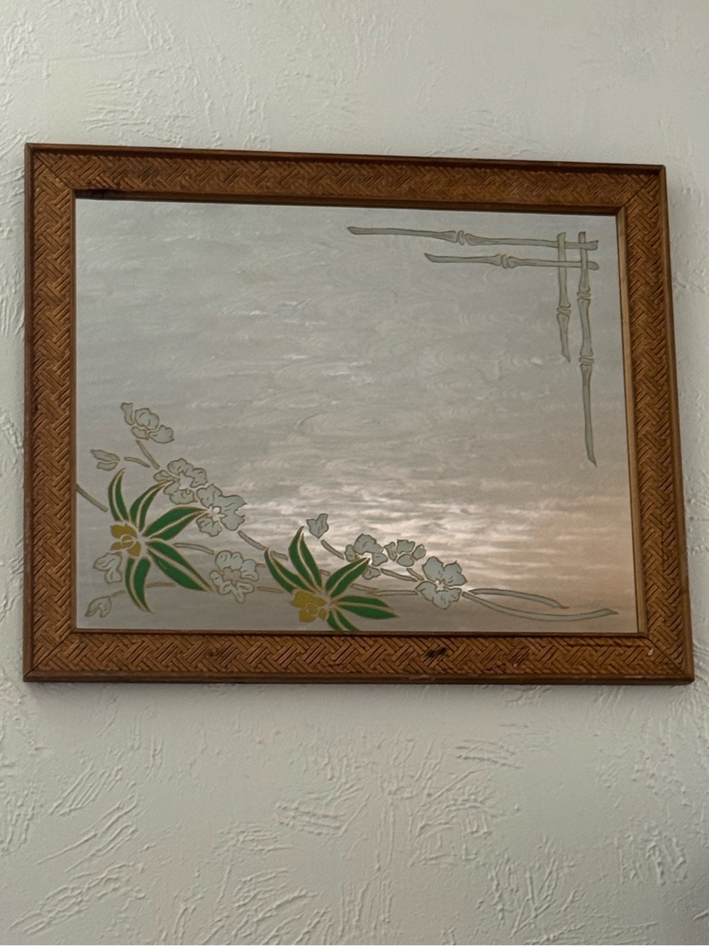 Vintage 1970’s wood Framed Floral etched glass mirror Wall Art iBrown  Green